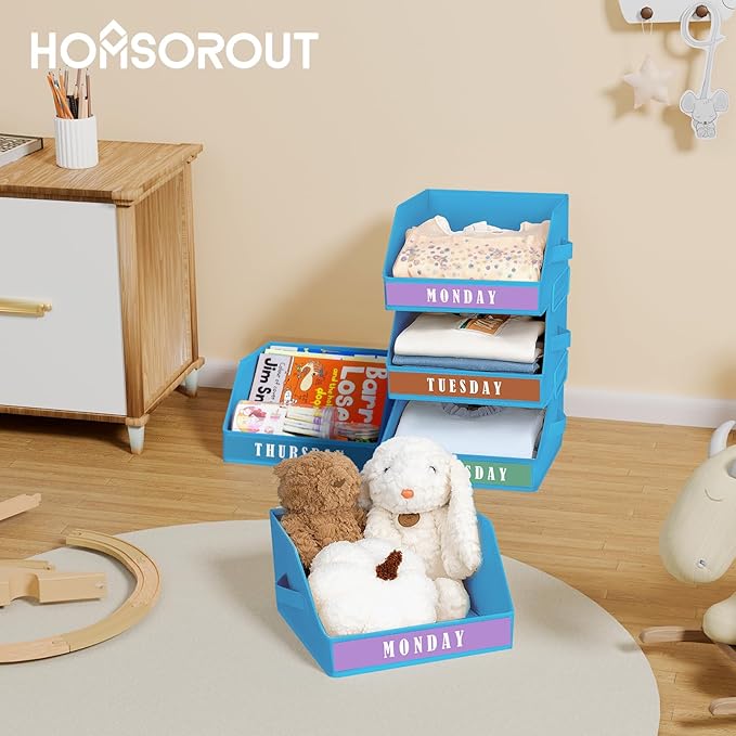 Closet Organizers and Storage - 5 Tier Shelf Organizer with Weekly Labels, Stackable Storage Bins with Metal Frame, Foldable Cube Bins, Home Baskets for Kids and Adults, Blue