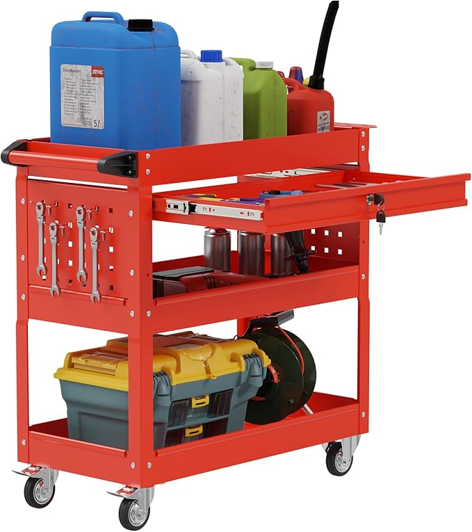3 Tier Heavy Duty Tool Cart, Mechanic Metal Rolling Tool Cart 900 Lbs Work Carts with Locked Drawers & Pegboard for Garage Workshop