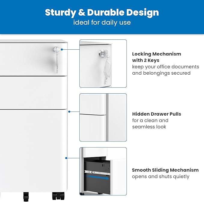 Mount-It! Slim Rolling Under Desk Cabinet, Mobile Filing Cabinet with 3 Drawers and Lock for Home & Office File Storage, White