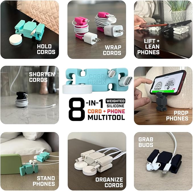 CordBrick Stocking Stuffers for Adults Cord Management Weighted Cord Holder Cable Wrap Phone Stand - Multiuse Gadget Organizer for Nightstand, Desk. Gift for Men, Durable Silicone. 1pk Green