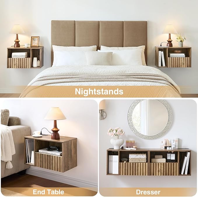 Floating Nightstand with Charging Station - Rustic Brown Wall Mounted Modern Fluted Bedside Table with Drawer, USB Ports & Outlets (Set of 2)