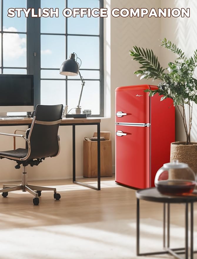 3.2 Cu.Ft Retro Fridge with Freezer, Double Door Refrigerator with 7 Level Thermostat, Low Noise, Adjustable Removable Glass Shelves for Bedroom Office Apartment Dorm Bar, Red