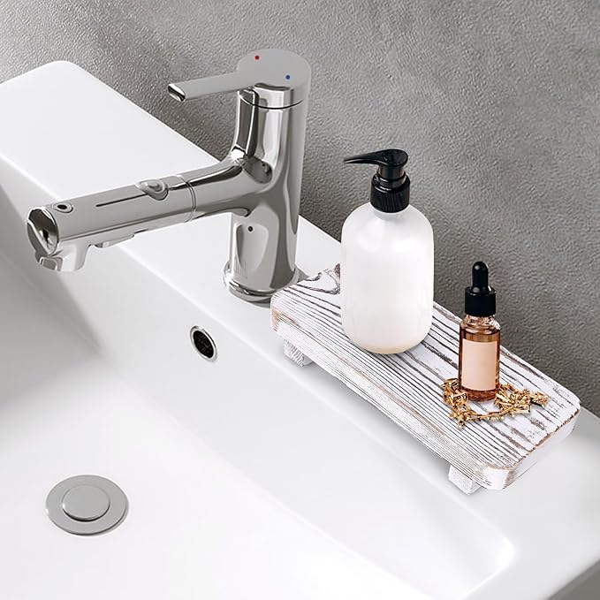 Bathroom Counter Organizer Wooden Display Stand White Pedestal Stand Kitchen Countertop Trays Decoration Small Wood Riser Dish Soap Dispenser Holder for Bathroom Decor Sink Accessories Vanity Tray