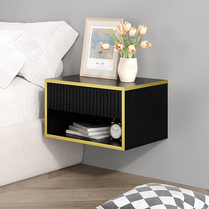 4ever2buy Floating Nightstand with Fluted Drawer, Modern Wall Mounted Nightstand with Open Shelf, Black and Gold Night Stand for Bedroom, Black
