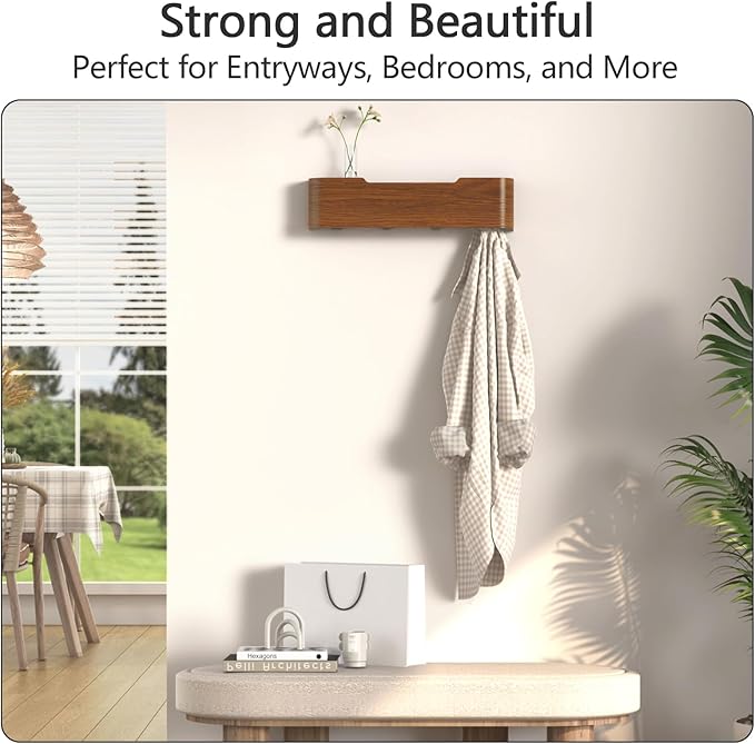 Coat Rack Wall Mount with Hidden Hooks Modern Key Holder Wood Entryway Hook with Shelf for Bedroom Kitchen Hallway Bathroom Designed for Hanging Coats Hats Bags Towel Dog Leashe(Walnut,4 Hooks)