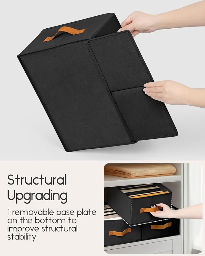 Closet Organizers and Storage - Fabric Clothes Organizer with Handles, Foldable Jeans Organizer for Clothes, Drawer Organizer for Shirts, Bra, Sweater, Scarf, 4 Pack, Black