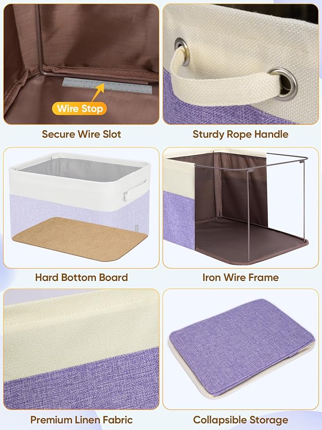 BALEINE 4 Pack Fabric Storage Bins for Shelves, Linen Storage Baskets for Organizing, Decorative Closet Bins for Clothes, Home (Lavender, 17''x13''x10.5'')