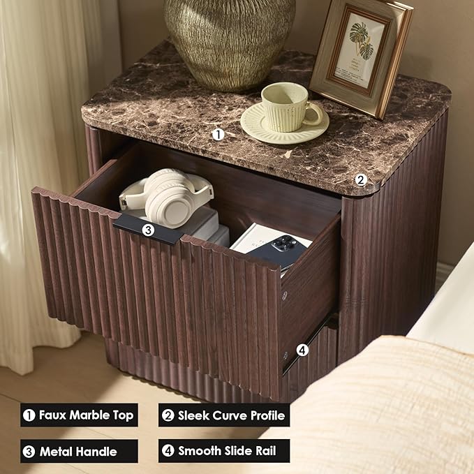 Fluted Nightstand with 2 Drawers, Bedside Table with Faux Marble-Top, Engineered Wood End Table with Curved Corners, Metal Handle, Modern Night Stand for Bedroom, Small Spaces, Dark Oak