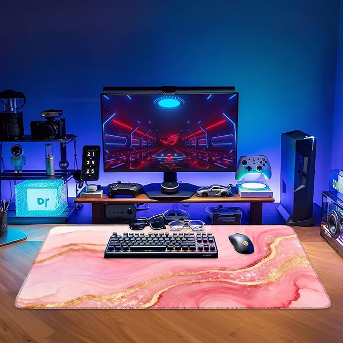Pink and Gold Stripes Gaming Mouse Pad 35.4"x15.7"Desk Mat Anti-Slip Rubber Base & Durable Stitched Edges for Gamers Smooth Mouse Writing Surface for Desk Office/Home