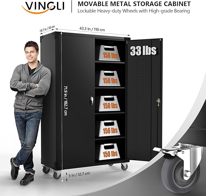VINGLI Upgraded Wide & Deep Garage Storage Cabinet, Metal Storage Cabinet with Pegboards, Wheels, Locking Doors and Adjustable Shelves (Black, 43''W x 20''D x 72''H)