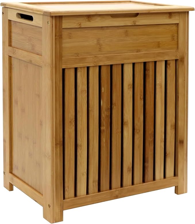Redmon Bamboo Top Load Full Size Clothes Hamper, Side Handles, Double Hinged Lid and Decorative Stop