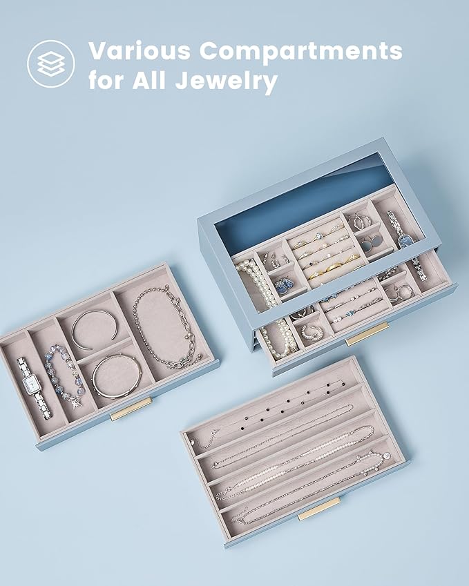 Lolalet Jewelry Box Organizer, 3-Layer Jewelry Organizers and Storage Case with Glass Lid, Ring Earring Bracelet Necklace Holder Organizer, Birthday Christmas Gifts for Women Girls -3Layer, HazeBlue