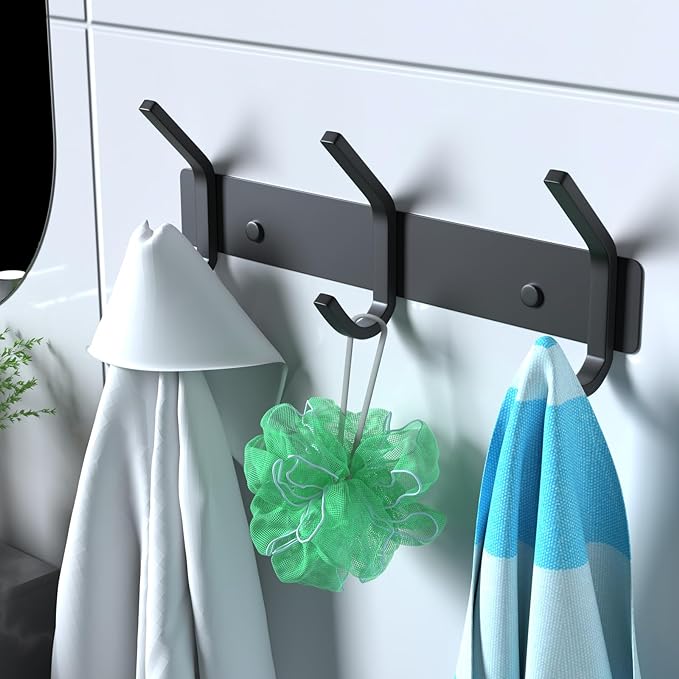 VAEHOLD Coat Hooks Wall Hook for Hanging Clothes Robes Towels Hats Heavy Duty Coat Hanger Coat Rack Wall Mount with 3 Hooks - Black
