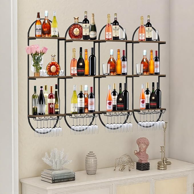 Wall Mount Wine Rack, 3-Tier Metal Oval Design Wine Rack Wall Mounted, Wine Bottle Holder for Home Bar, Wine Kitchen Storage Liquor, Champagne(Black, 2PCS)