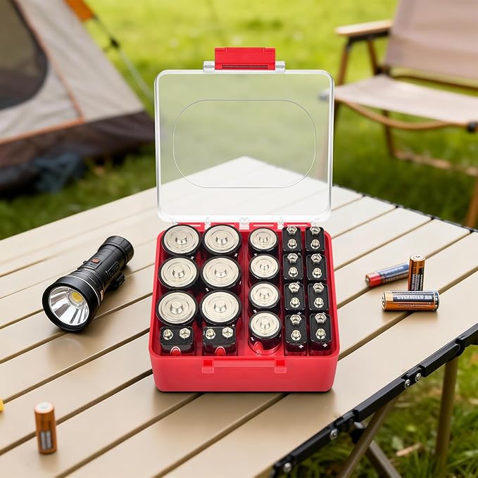 FULLCASE Battery Storage Organizer Box, Holder Container for 20 C D 9V Batteries, Plastic Home Batteries Variety Pack Protective Organization(Case Only) Red