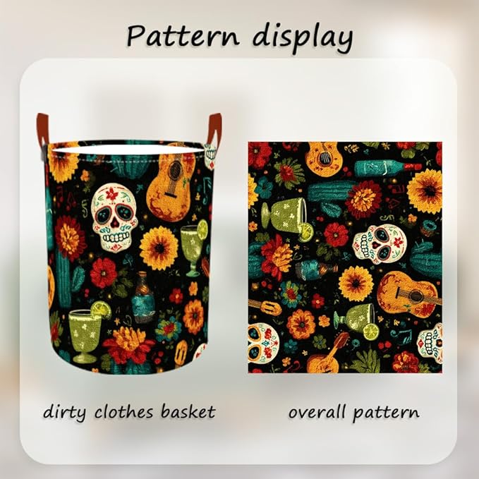 Laundry Baskets 15.7x19.7 Inch Day of the Dead Skull Guitar Cocktail Design Collapsible Laundry Hamper with Handles Oxford Fabric Clothes Storage Bin Foldable Dirty Clothes for Bedroom Bathroom