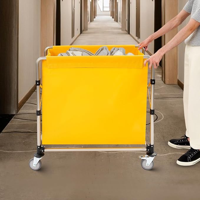 Commercial Laundry Cart with Wheels,Folding Laundry Hamper Cart,Heavy Duty Rolling Laundry Basket with Large Capacity,Laundry Sorter Trolley for Home Hotel Apartment (Yellow, 34.25 * 19.7 * 36.22in)