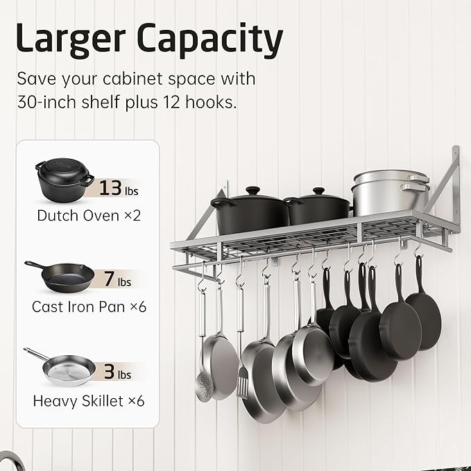 KES 30-Inch Silver Gray Pot Rack, Wall Mounted Hanging Pot and Pan Organizer with 12 Sturdy Hooks, Kitchen Wall Hanger Shelves Modern, KUR215S75A-SG