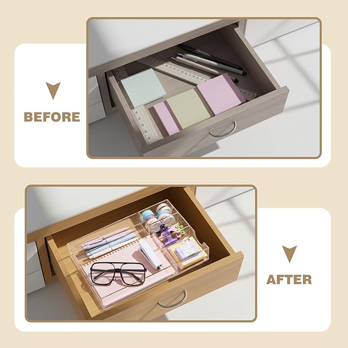 Acrylic Desk Drawer Organizer 12.2 x 8.27 x 1.77 Inch Storage Tray Organizer for Pens, Stationery, Desktop, Office, Bathroom, Kitchen, Makeup Supplies(5 Compartments, Clear)