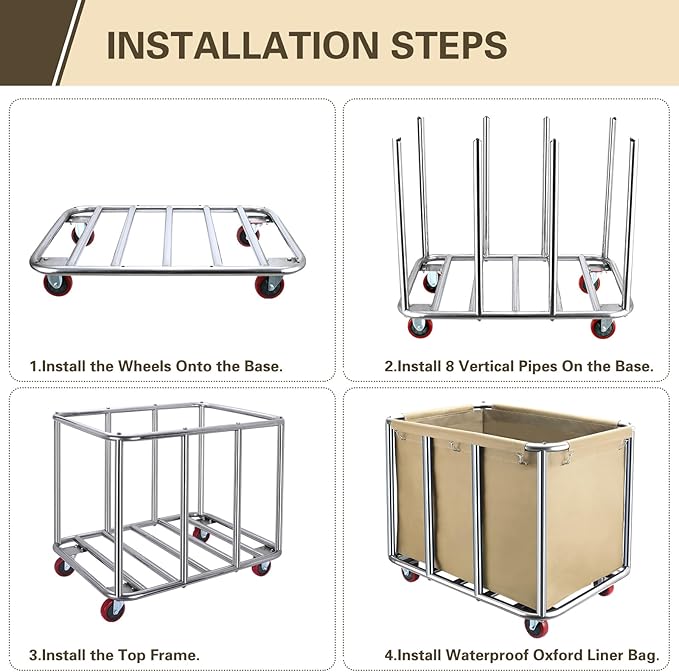 Commercial Laundry Cart with Wheels,400L Large Industrial Laundry Cart,Rolling Laundry Cart with Sturdy Stainless Steel Frame and Oxford Bag for Home Hotel Hospital 440 lbs (Beige)