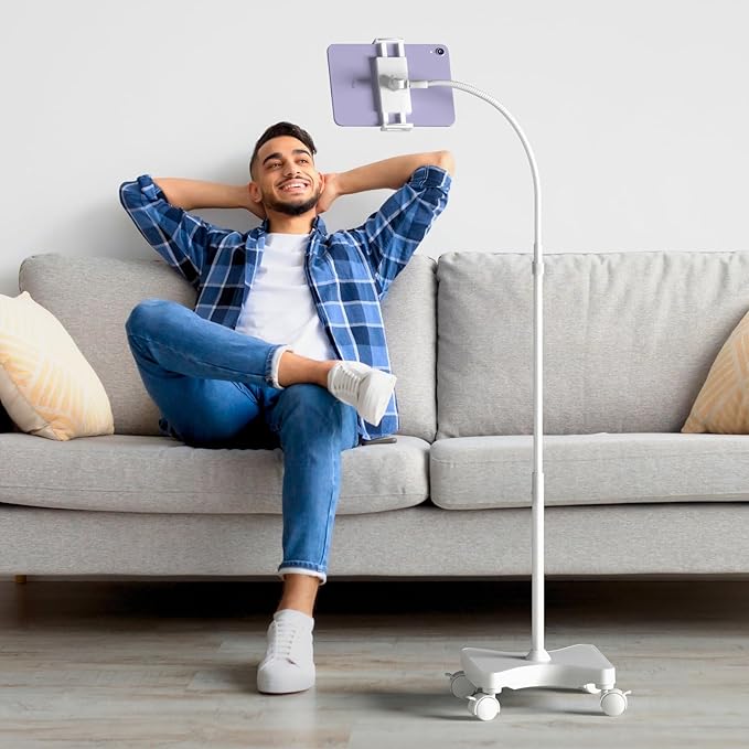 LEVO Gooseneck Tablet Floor Stand with Casters – Rolling Adjustable iPad Mount with Wheels, Height Tilt Rotation, Locking Mobile Base for Bedside, Couch, Chair, Hospital, Office, and Home – White