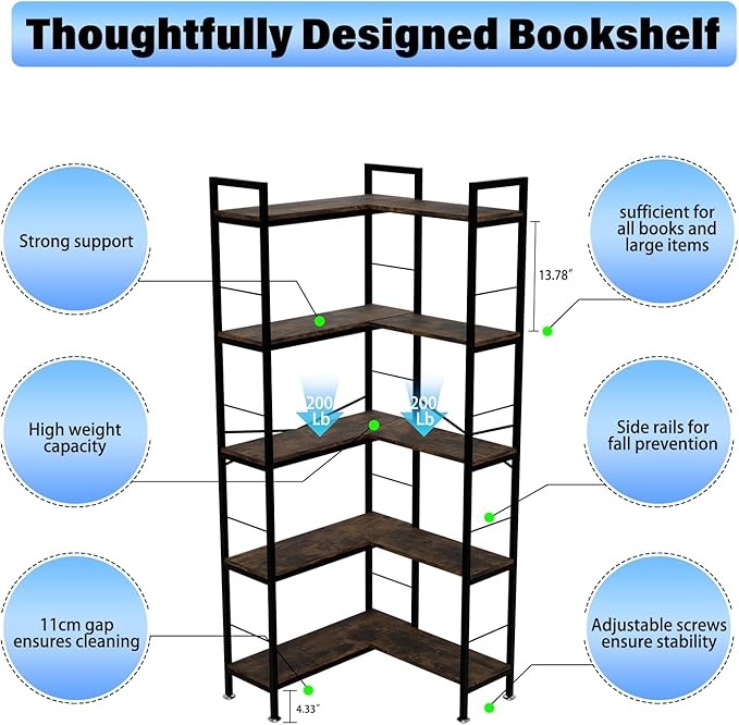 Corner Bookshelf, 69" Tall L-Shaped Bookcase for Home Office, Living Room, Bedroom - Space-Saving Storage Shelf with Metal Frame, Modern Wood & Industrial Design