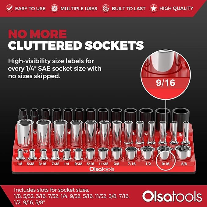 Olsa Tools Magnetic Socket Organizer (1/4-Inch Drive, 3 Row) - Magnetic Tool Organizer & Socket Holder - Tool Box Socket Organizers - SAE Red - Holds 39 Sockets - Professional Grade - Part: 1545