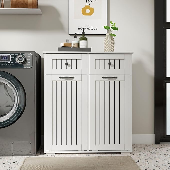 Laundry Hamper Cabinet with 2 Baskets & 2 Drawers, 31.5" Bathroom Clothes Sorter Storage Cabinet for Bathroom Laundry Room, Tilt-Out Hamper Organizer with Divided Sections