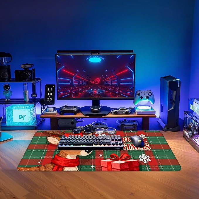 Merry Christmas-Elk Gaming Mouse Pad 31.5"x11.8"Desk Mat Anti-Slip Rubber Base & Durable Stitched Edges for Gamers Smooth Mouse Writing Surface for Desk Office/Home