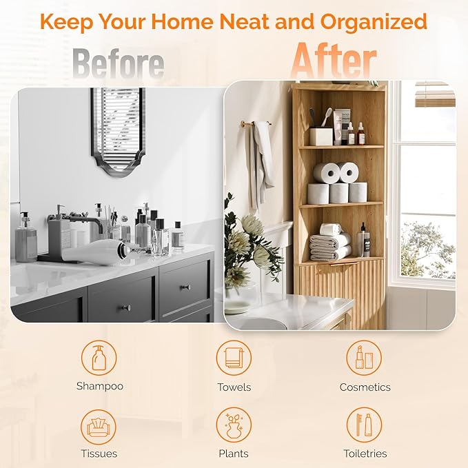 VINGLI 68" Tall Corner Cabinet with Fluted Doors,Corner Bathroom Storage Cabinet Pantry Hutch Display Shelves Adjustable for Kitchen, Living Room Modern Space Saver Shelf Bathroom Furniture,Oak