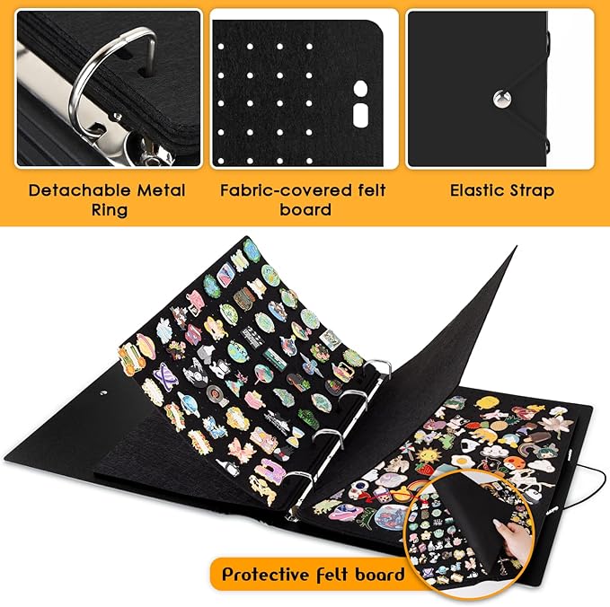 Enamel Pin Display Binder - Large Collection Storage Organizer Book with 8 Flip-Pages, 4 Ring Pin Display Folder for Brooch Buttons and Lapel Collectors. Black