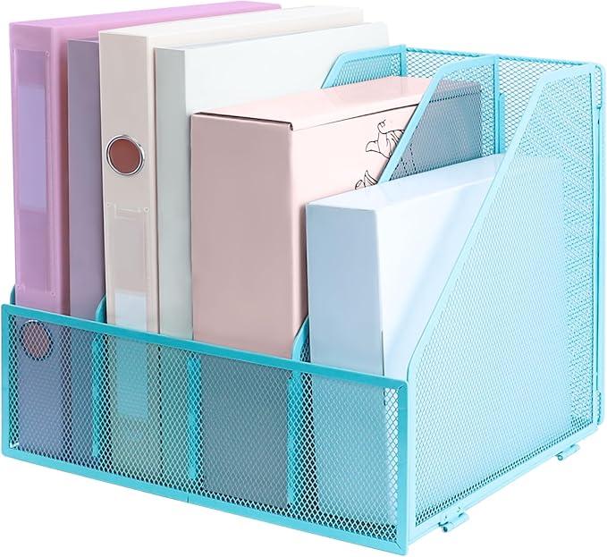 Desk Organizers, Metal Magazine File Holder with 4 Vertical Compartments Rack Binder File Organizer for Office Supplies, Home Workspace - Blue