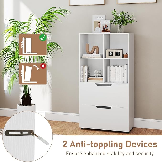 Giantex Bookshelf with 4 Cubes & 2 Drawers, 51” Tall Floor Bookcase with Anti-tip Kits, Freestanding Display Rack Storage Organizer for Study, Living Room, Home Office (White)