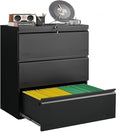 Metal File Cabinet with Lock, 3 Drawer Lateral File Cabinets for Home Office, Heavy Duty Office Storage Cabinet for A4/Letter/Legal Size, Assembly Required(Black)