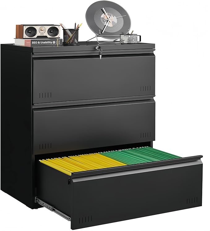 Metal File Cabinet with Lock, 3 Drawer Lateral File Cabinets for Home Office, Heavy Duty Office Storage Cabinet for A4/Letter/Legal Size, Assembly Required(Black)