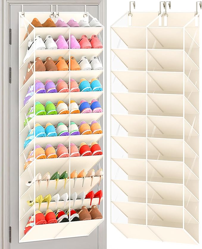 30 Pairs Over the Door Shoe Organizer, Clear Pockets Hanging Shoe Storage for Closet, 10-Tier Door Shoes Rack Storage, Handing Shoes Holder Fit All the Family's Sneakers, Boots, Heels, Beige