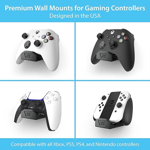 TotalMount Controller Wall Stands (4 Pack) with Non-Slip Pads & Removable Adhesive for Xbox, PS5, PS4, and Nintendo – These Premium Holders Won’t Damage Your Wall with Screws or Permanent Adhesive