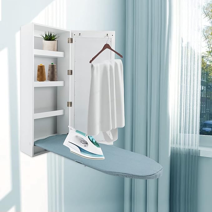 Wall Mounted Ironing Board with Storage Cabinet Built in Swivel Ironing Board with 3Tier Shelf & Dressing Mirror for Home Apartment & Small Spaces