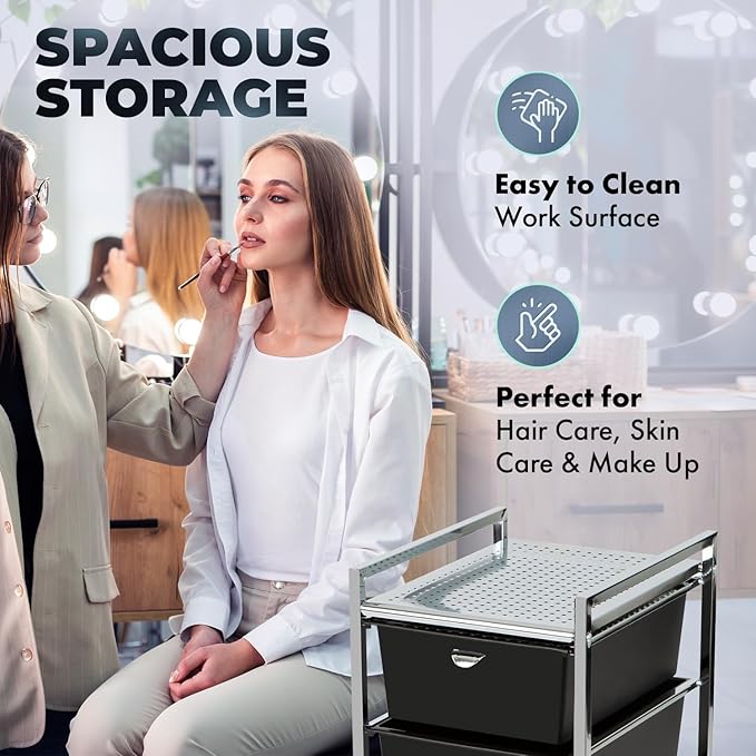 Pibbs D23 Metal Salon Roller Cart, 3 XL Removable Drawers, Heavy-Duty Utility Pedicure Cart on Wheels, European Style Design, Hot Tool Safe Work Surface