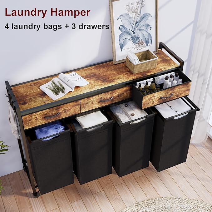 Laundry Hamper, Laundry Sorter 4 Sections, Rolling Laundry Basket with Wheels, 3 Drawers, 4 × 14.5 Gal (55 L), Pull-Out and Removable Oxford Fabric Bags, Black and Rustic Brown