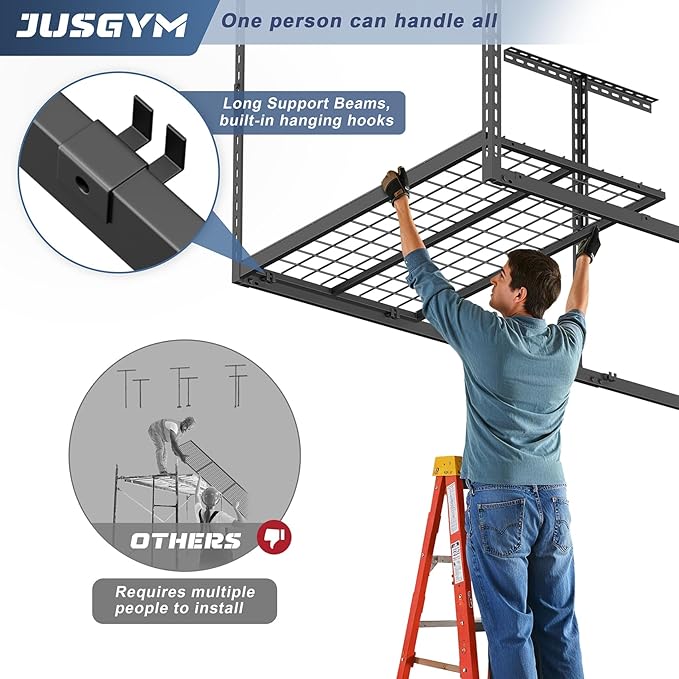 3X8FT Overhead Garage Storage Rack, 22"-48" Height Adjustable Garage Ceiling Storage Racks, Heavy Duty Metal Overhead Storage Organizer System, 750LBS Weight Capacity