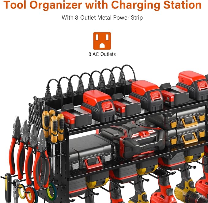 JUNNUJ Large Pegboard Power Tool Organizer with Charging Station, 8 Drills Driver and Tools Battery Holder Wall Mount with 8 Outlet Power Strip, Black 3-Layer Shop Garage Storage Utility Rack