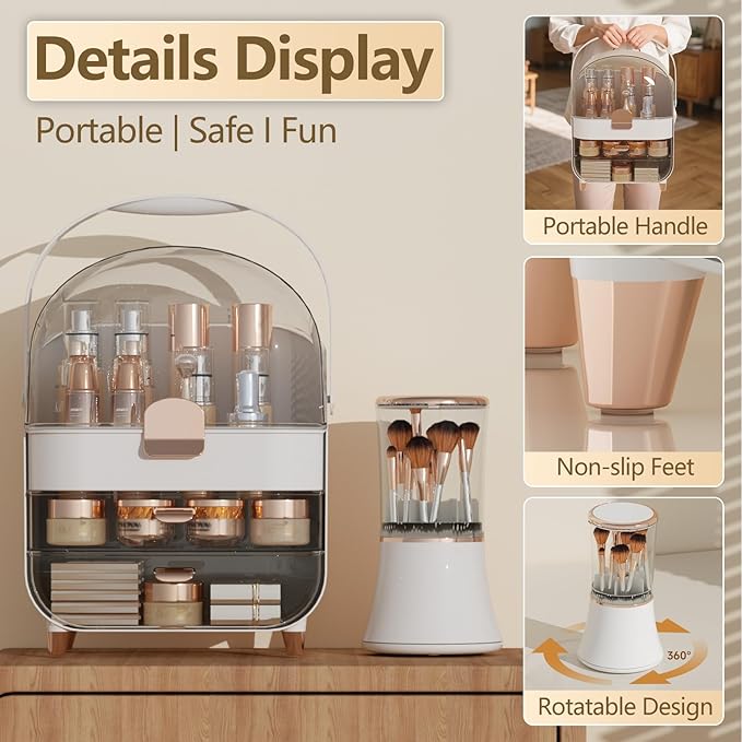 Makeup Organizer Countertop & Makeup Brush Holder with Lid 360 Rotating Clear Dustproof Skincare Holder for Vanity Bathroom Countertop, Ideal Gifts for Women, Transparent, Rose Gold