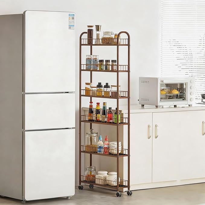 6-Tier Slim Storage Cart with Wheels, 6in Narrow Rolling Shelf,Sturdy Slim Storage Ideal for Kitchen, Bathroom, and Laundry Room,Champagne Gold