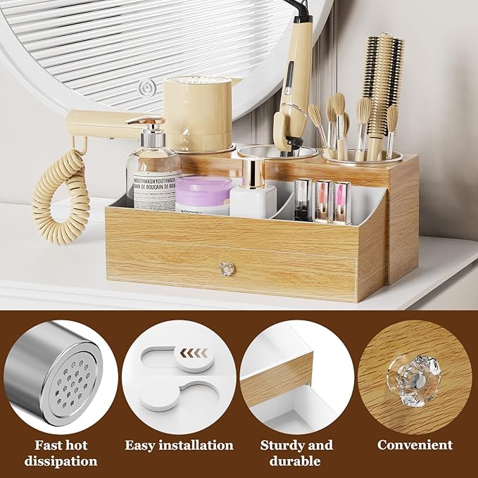 Acrylic Hair Dryer Holder with Drawer, Bathroom Organizer Countertop Drawers with 3 Stainless Cups, Makeup Vanity Accessories, Hair Hot Tools Organizer, Toiletry, Wood