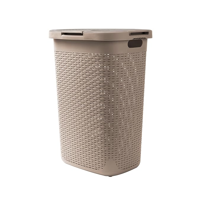 Mind Reader Slim Laundry Hamper with Lid, 60L Clothes Basket, Premium Wicker Design, Plastic, Tan