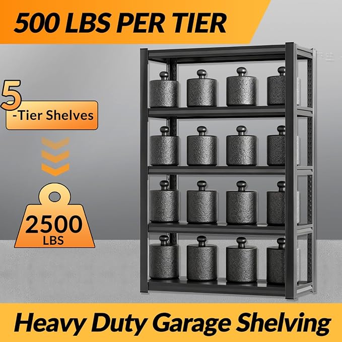 BESFUR 5-Tier Garage Storage Shelves, Heavy Duty Metal Storage Shelving, Adjustable Matal Shelving Unit, 3000 lbs Capacity, for Warehouse Garage Basement, 16"*36"*71", Black