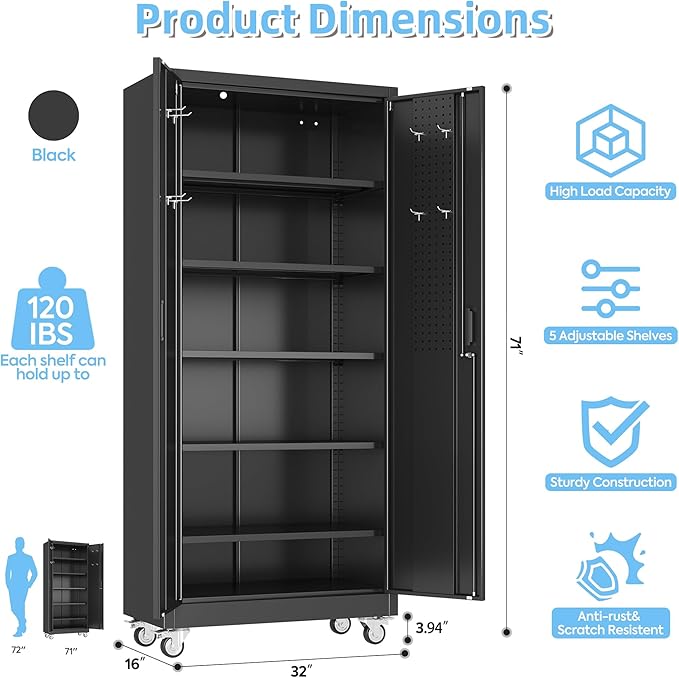 Metal Garage Storage Cabinet with Wheels & Pegboard, Lockable Metal Storage Cabinets with 2 Doors&5 Adjustable Shelves for Garage&Home,Assembly Required,Black 71''H x32''W x16''D