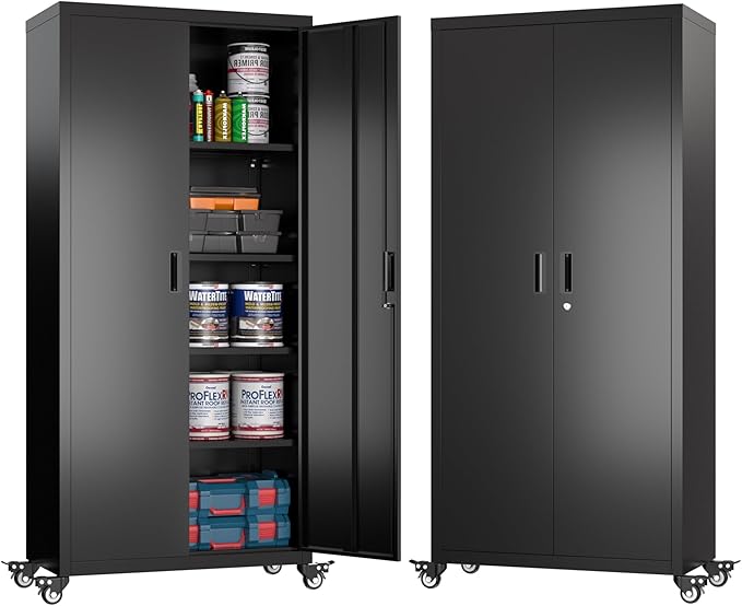 73" H Metal Garage Storage Cabinet with Wheels,Rolling Tool Storage Cabinet with 2 Doors and 4 Adjustable Shelves for Garage,Home,Office,Warehouse,Workshop, Required-Assembly,Black