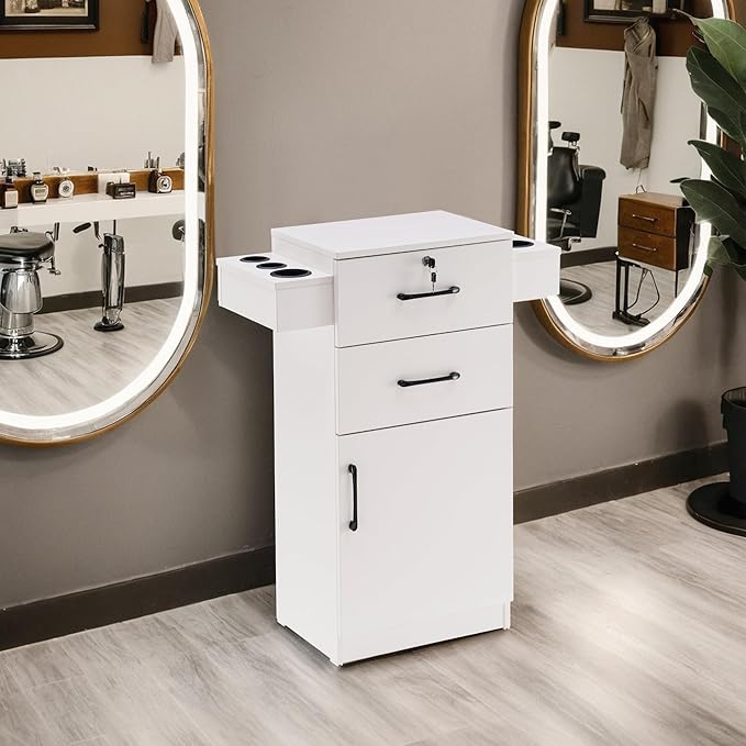 BarberPub 38"x18"x14" Locking Beauty Salon Storage Cabinet, Barber Styling Station with Nylon Hair Dryer Holder, Barber Shop Stylist Equipment with Drawers 2021 (White)